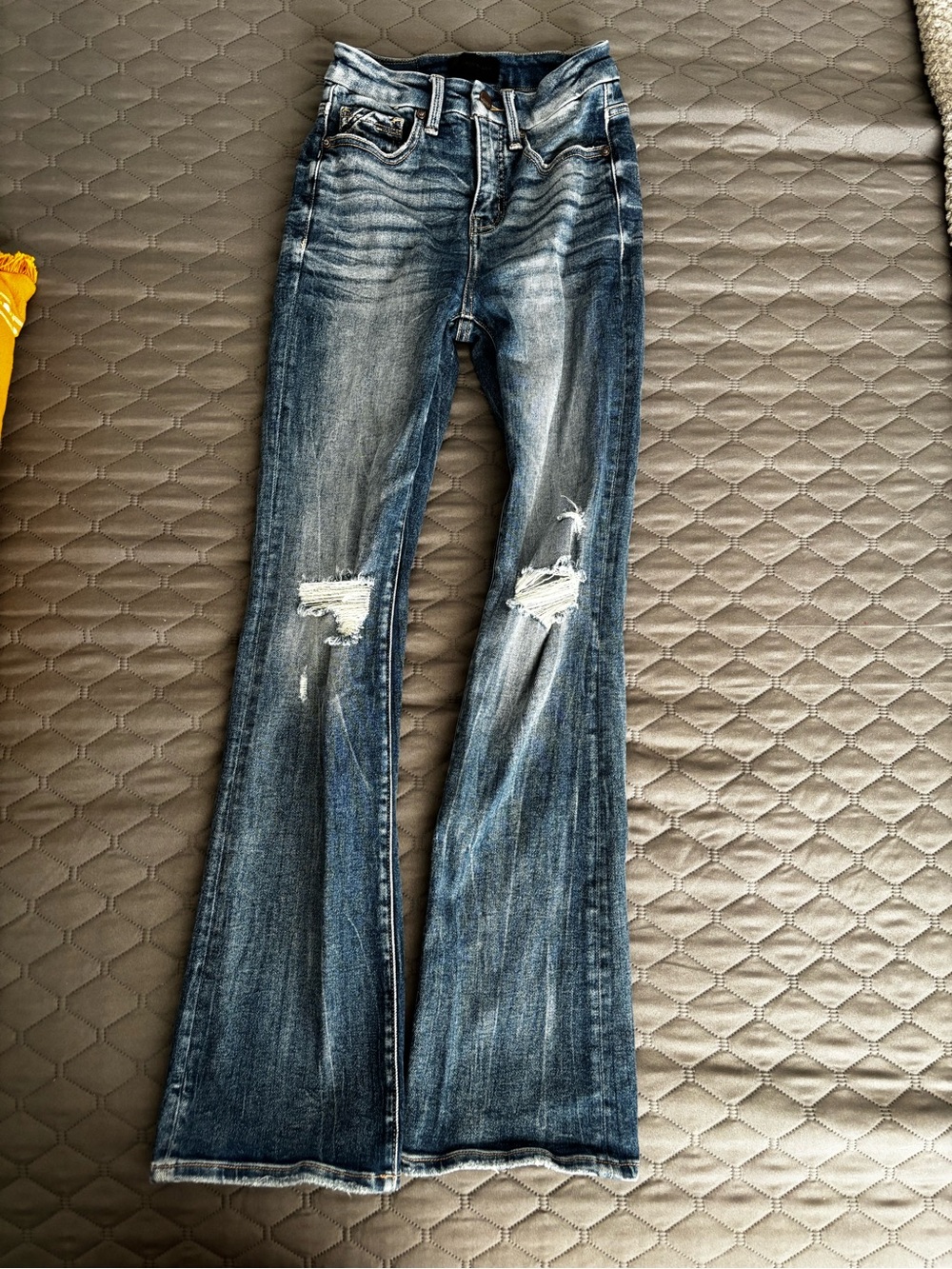 Buckle Distressed Blue Flare Jeans
